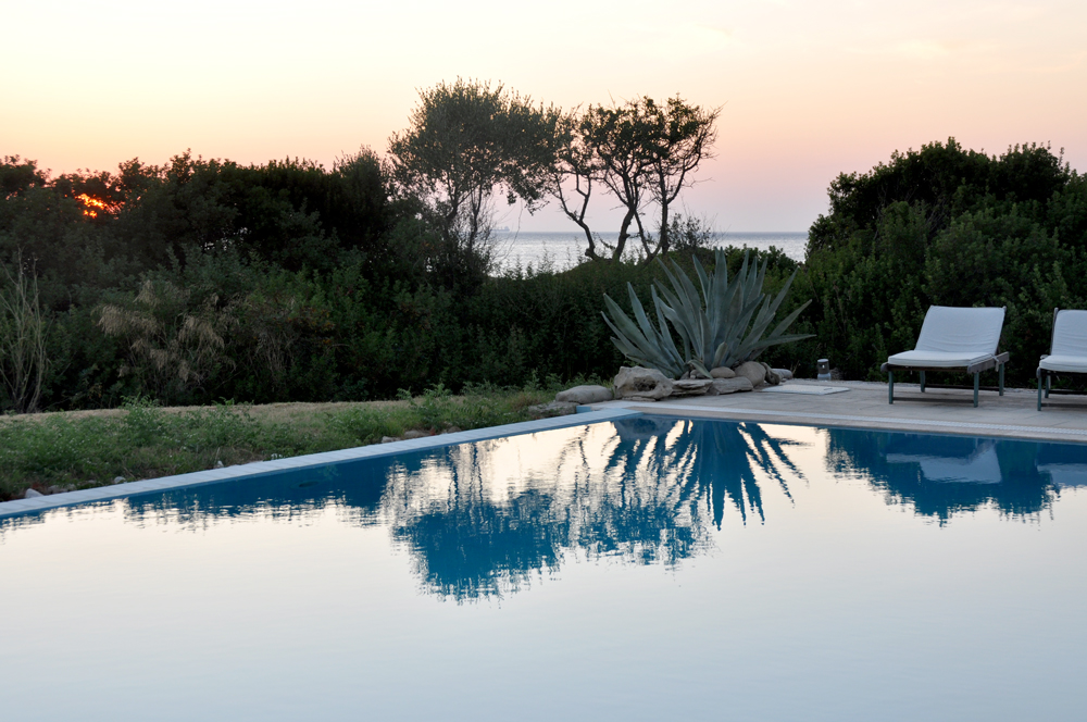 The swimming pool at sunset at Mezzao Apartments, Kefalonia.